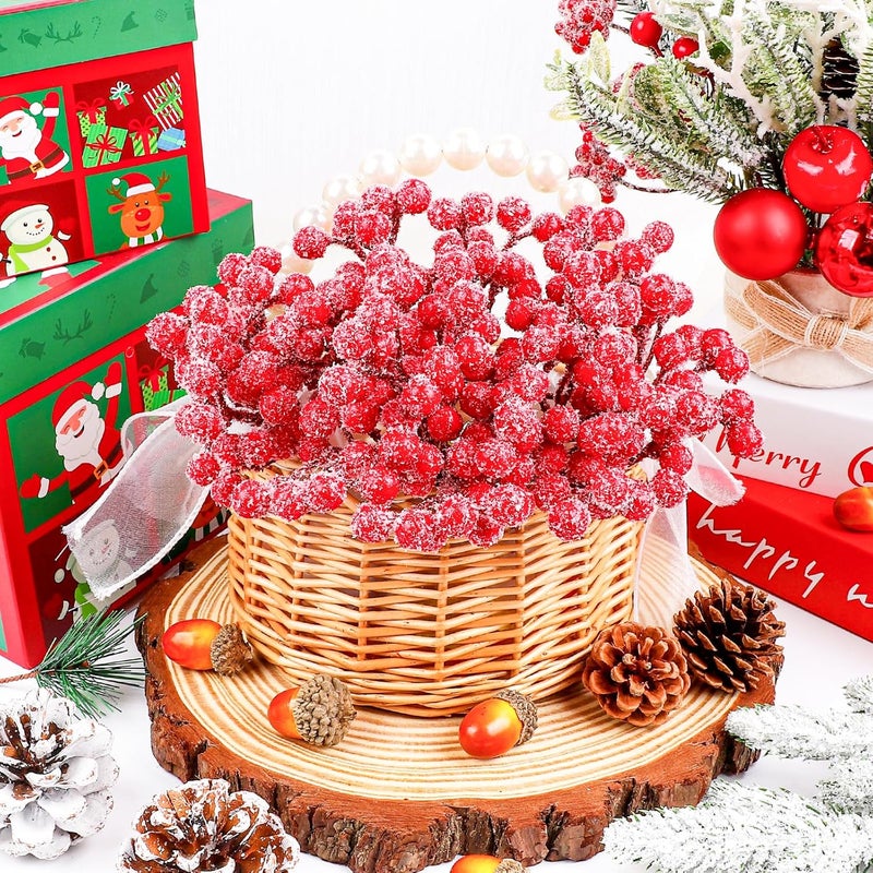 Fangoo 20 Pack 7 Inch Artificial Red Berry Picks for Christmas Tree Burgundy Red Berries Stems Holly Berry Branches Ornaments Wreath Crafts Wedding Holiday Season Winter Home Decor (Sprays Snow Red) - Image 3